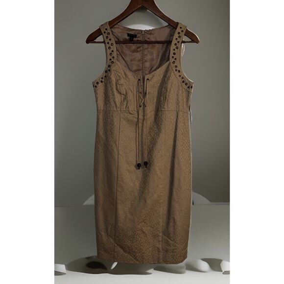 NWT MADISON APRIL KHAKI DRESS SIZE 6 ANIMAL PRINT DRAWSTRING NECKLINE - Picture 1 of 11